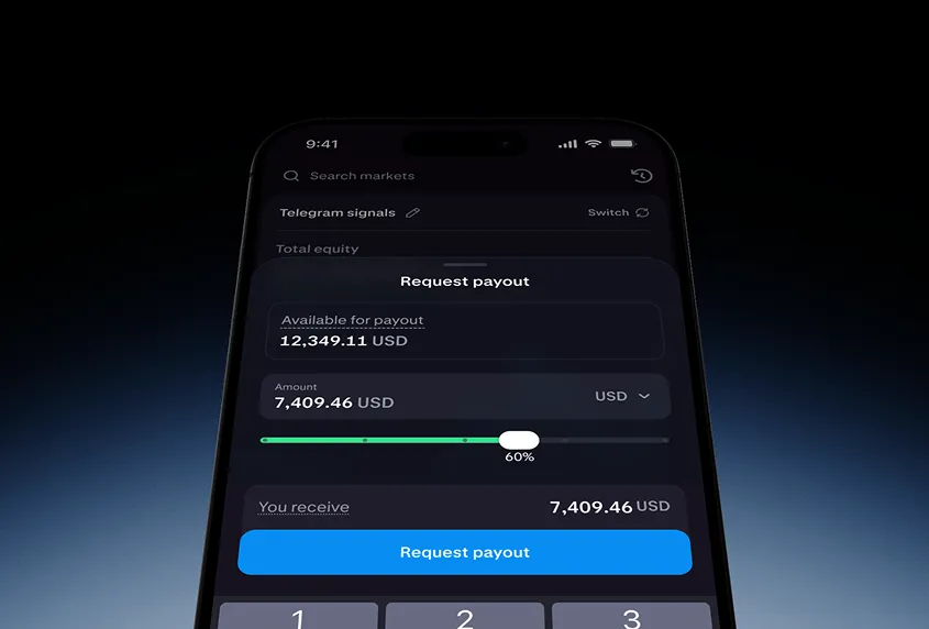 Trading dashboard showing a payout confirmation